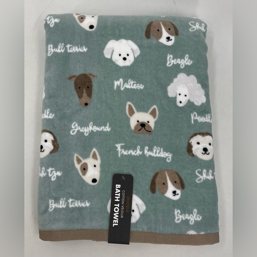 Envogue Oversized Teal Dogs Maltese‎ English Bulldog More Bath Towel 28"x54" NWT